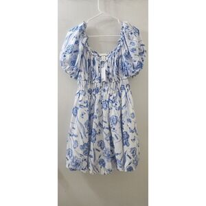 H&M Blue White Floral‎ Toile Puff Sleeve Mini Dress Smocked Waist Size M NEW